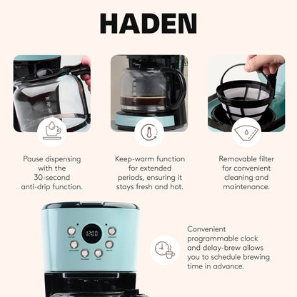 Haden Coffee Machine, 12 Cup Programmable Drip Coffee Maker, Turquoise & Chrome