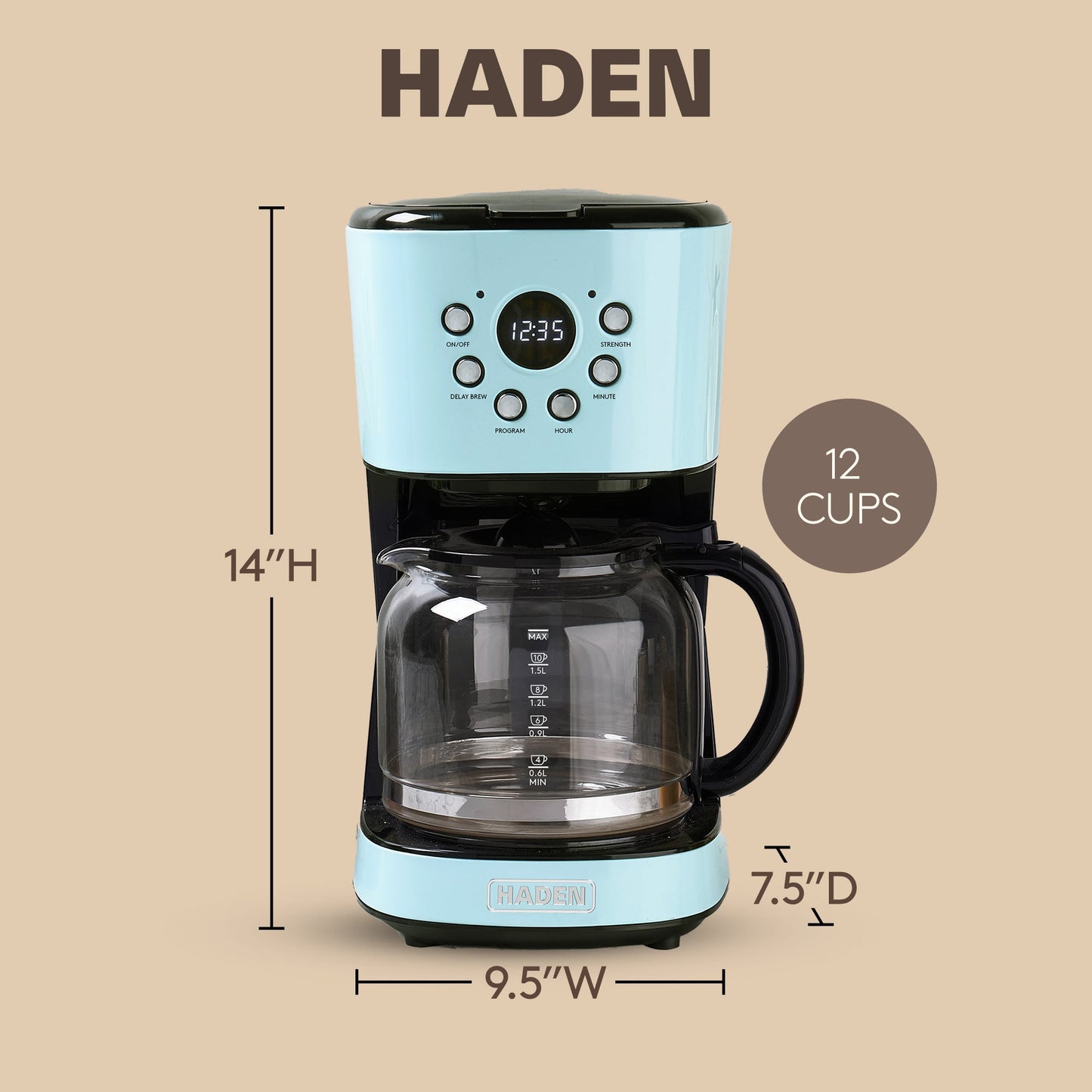 Haden Coffee Machine, 12 Cup Programmable Drip Coffee Maker, Turquoise & Chrome