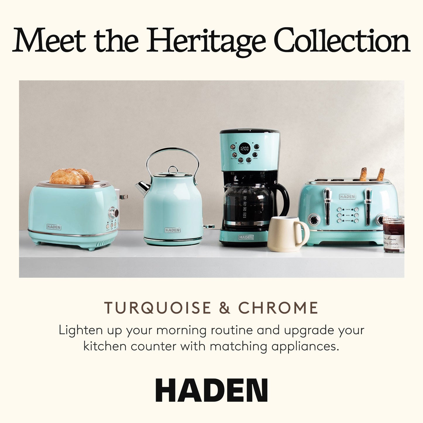 Haden Coffee Machine, 12 Cup Programmable Drip Coffee Maker, Turquoise & Chrome