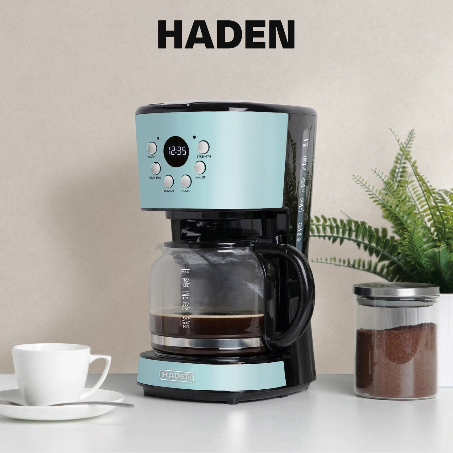 Haden Coffee Machine, 12 Cup Programmable Drip Coffee Maker, Turquoise & Chrome