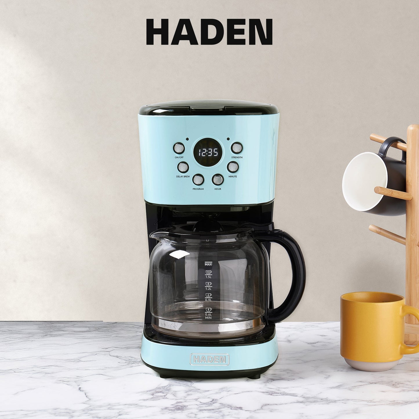 Haden Coffee Machine, 12 Cup Programmable Drip Coffee Maker, Turquoise & Chrome