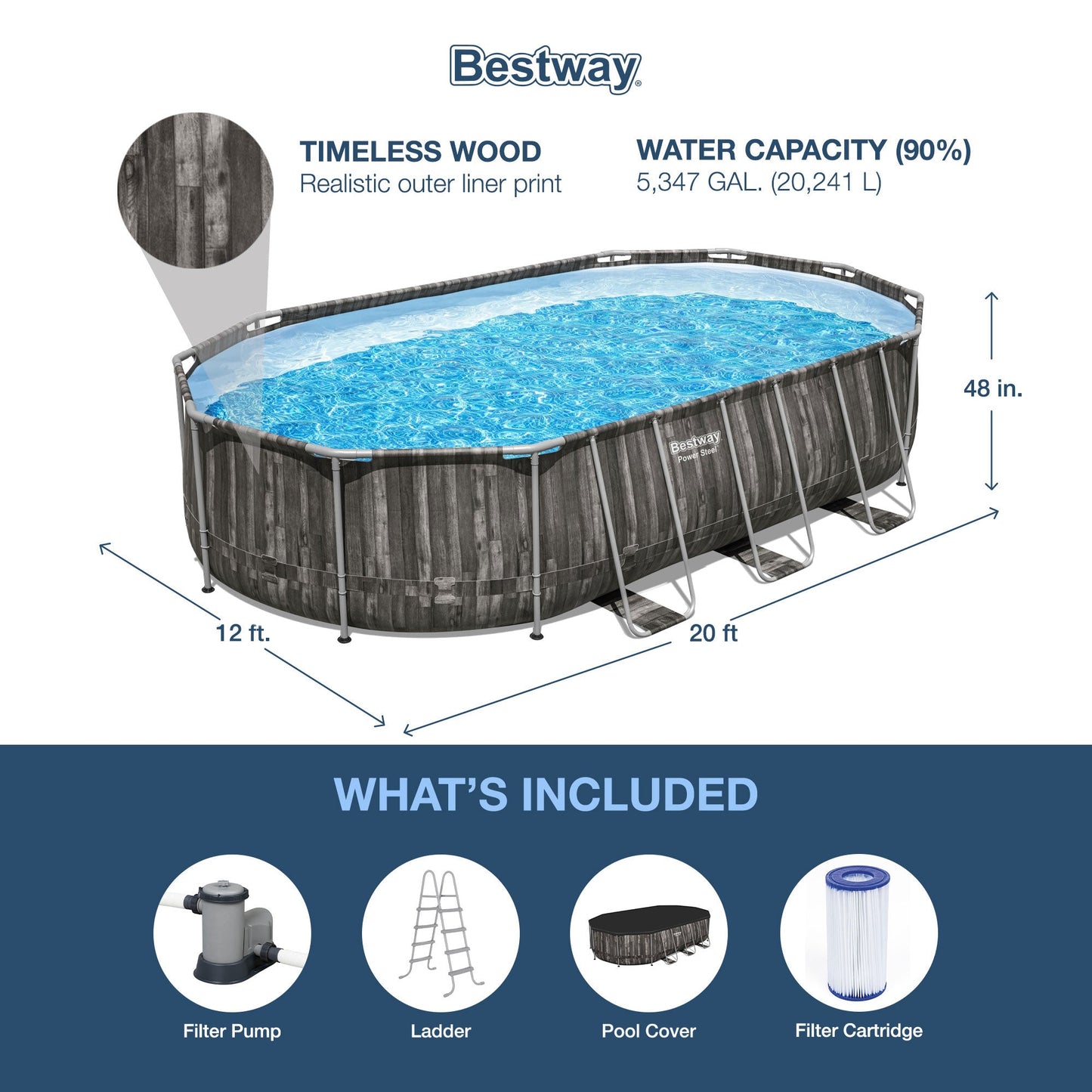 Bestway Power Steel 20' x 12' x 48" Oval Above Ground Outdoor Swimming Pool Set