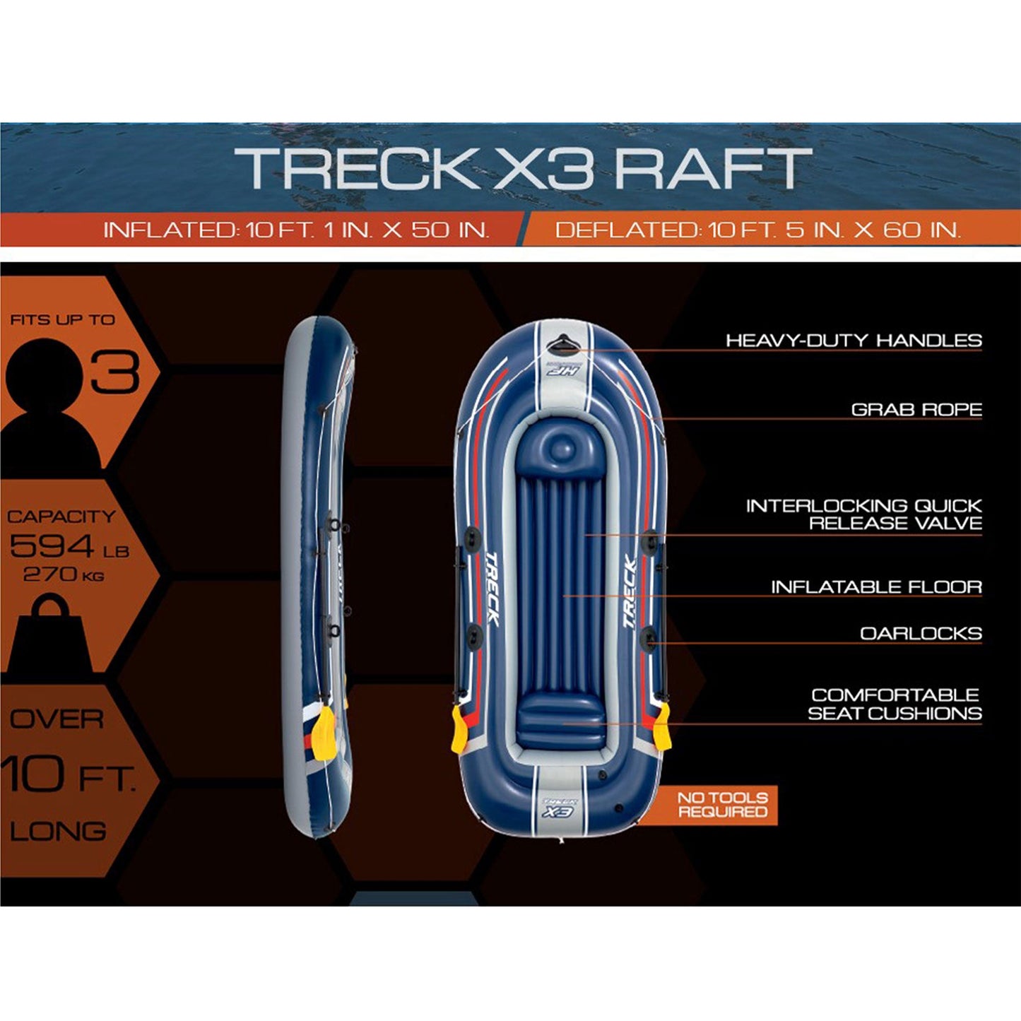 Bestway Hydro-Force Treck X3 Inflatable 3 Person Water Raft Outdoor Boat Set