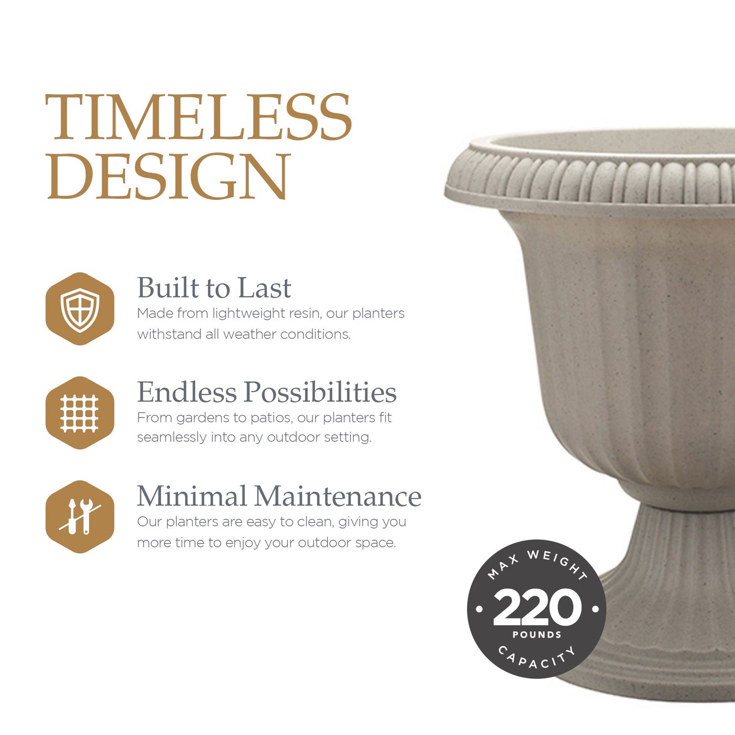 Southern Patio Large 14 In Outdoor Lightweight Resin Utopian Urn Planter, Stone
