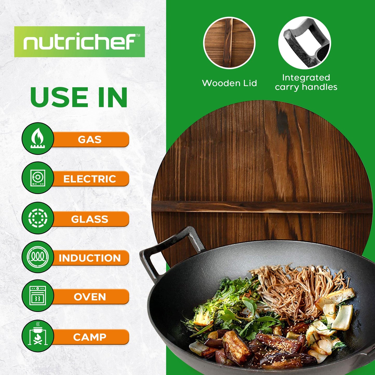 NutriChef Pre Seasoned Cooking Wok Cast Iron Stir Fry Pan with Wooden Lid, Black