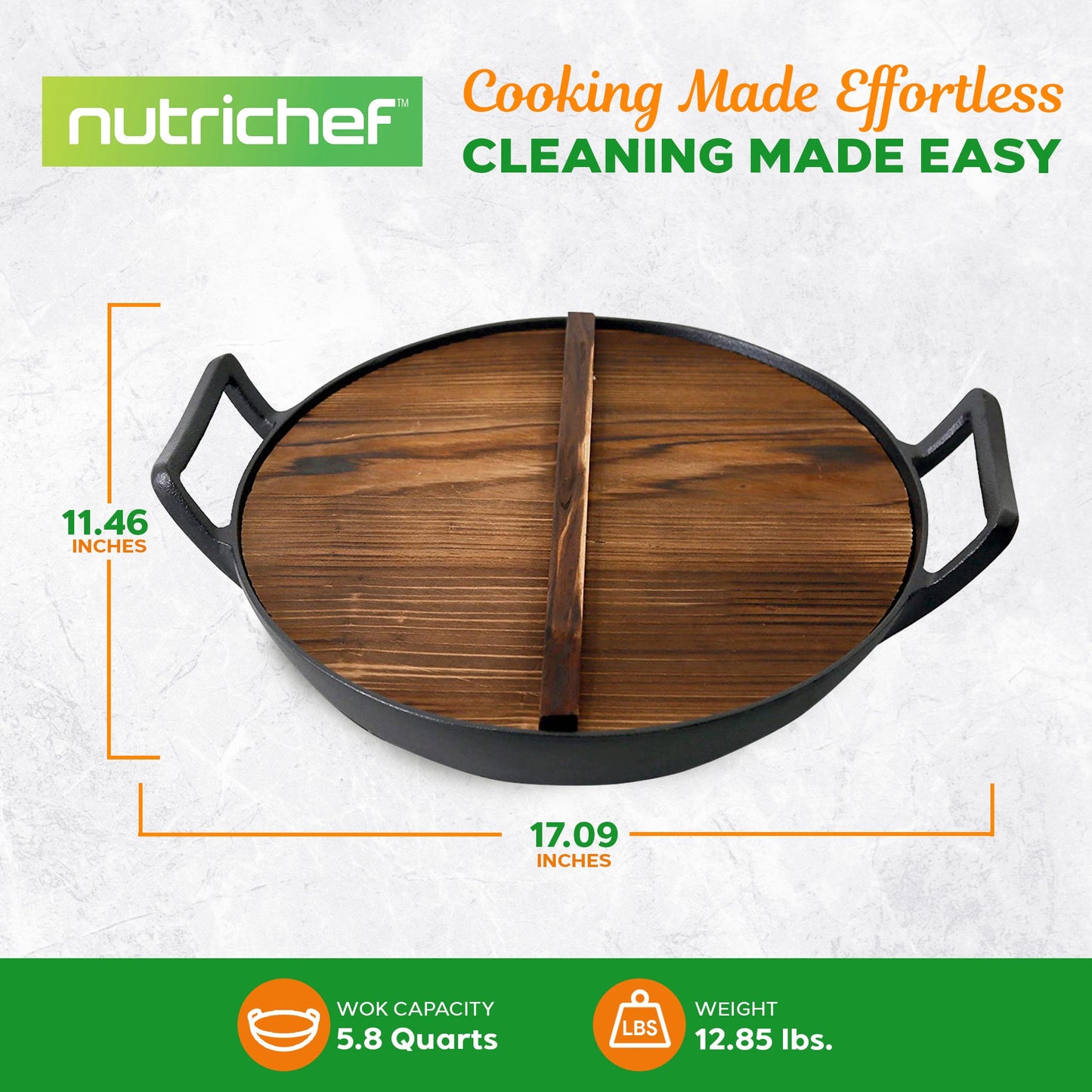 NutriChef Pre Seasoned Cooking Wok Cast Iron Stir Fry Pan with Wooden Lid, Black