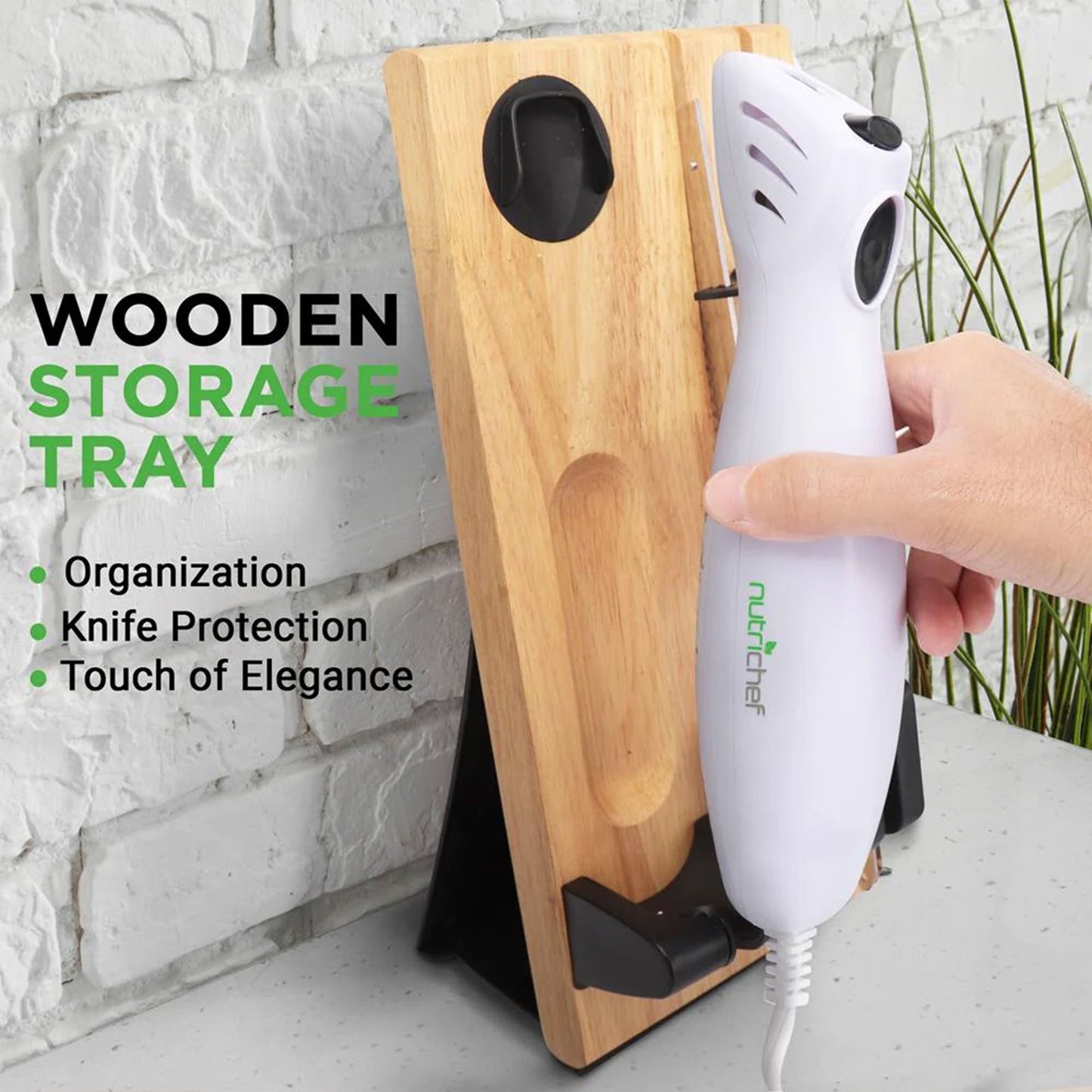 NutriChef 2 Blade Serrated Electric Kitchen Knife w/ Butcher Block Storage Tray