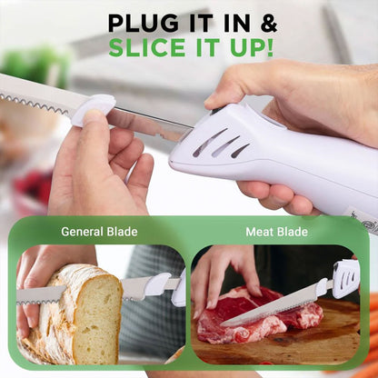 NutriChef 2 Blade Serrated Electric Kitchen Knife w/ Butcher Block Storage Tray