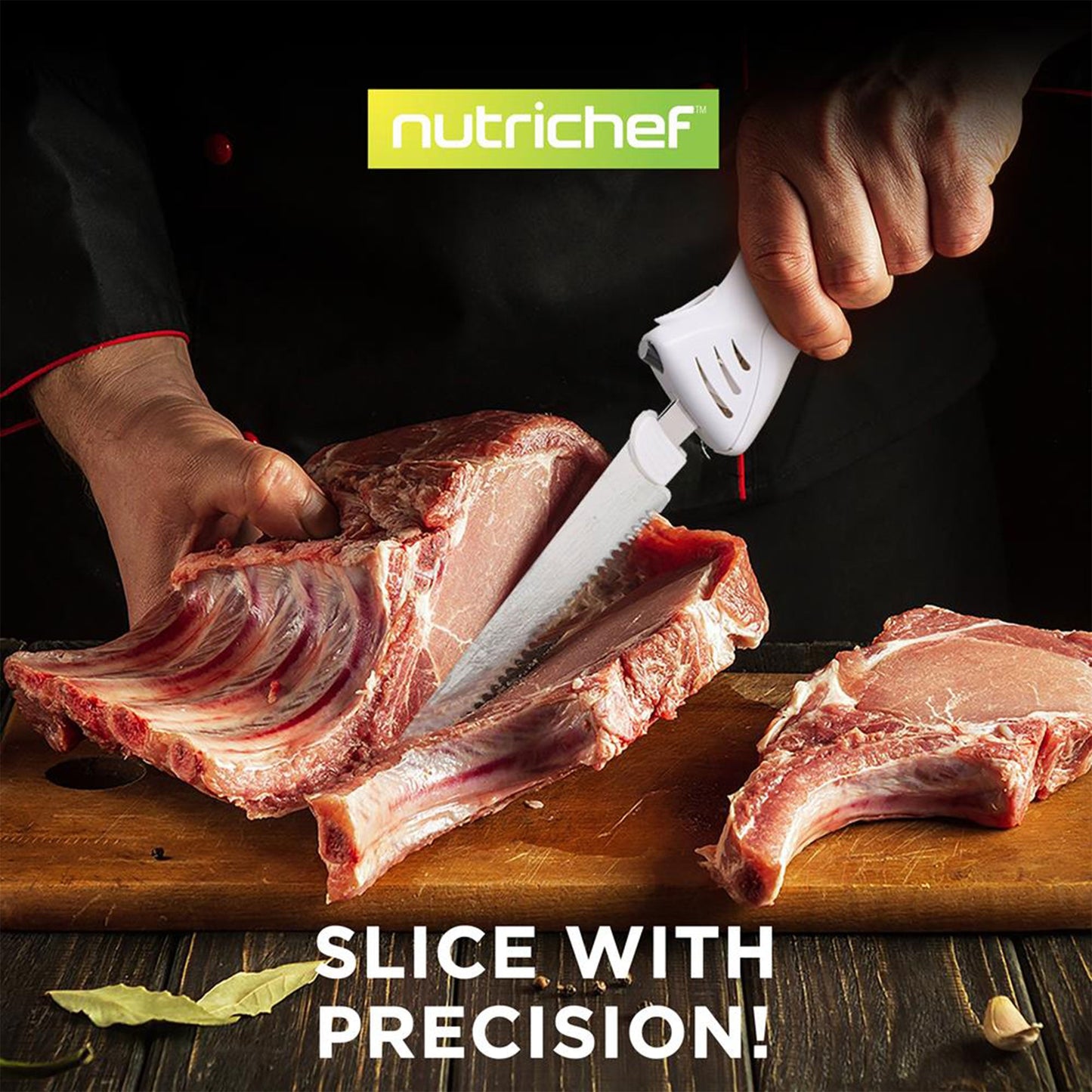 NutriChef 2 Blade Serrated Electric Kitchen Knife w/ Butcher Block Storage Tray