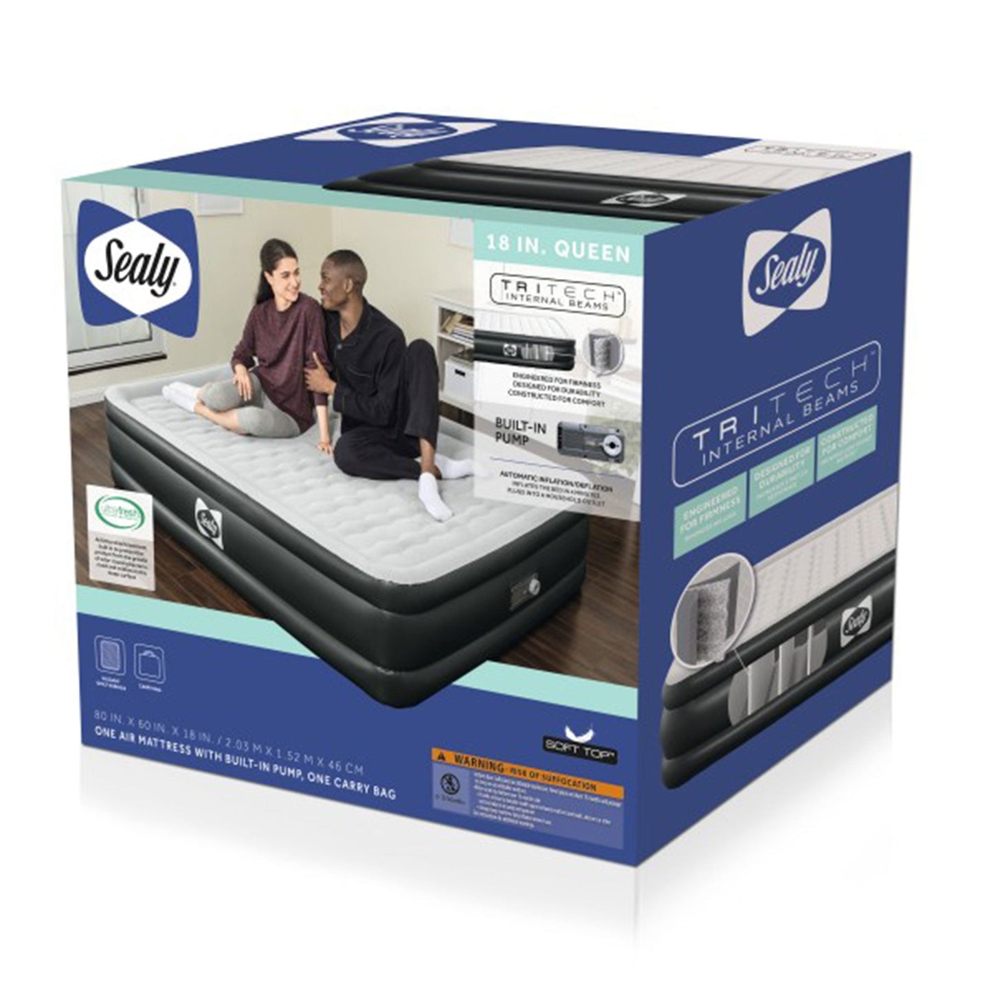 Sealy Tritech Queen Sized 18" Air Mattress Bed 2 Person w/Built-In AC Pump & Bag