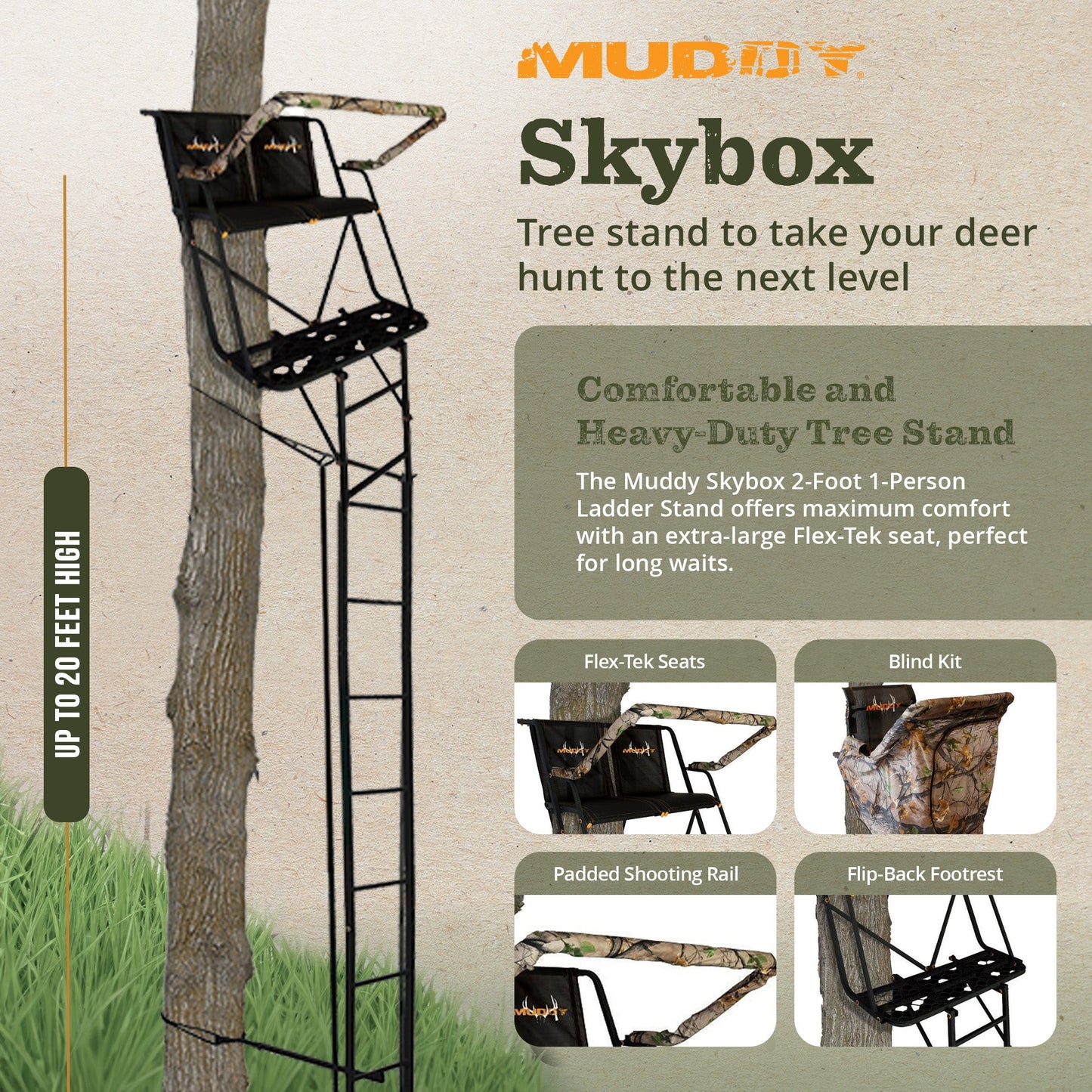 Muddy The Skybox Deluxe 20' Hunting Ladderstand, Climbing Tree Stand w/Blind Kit