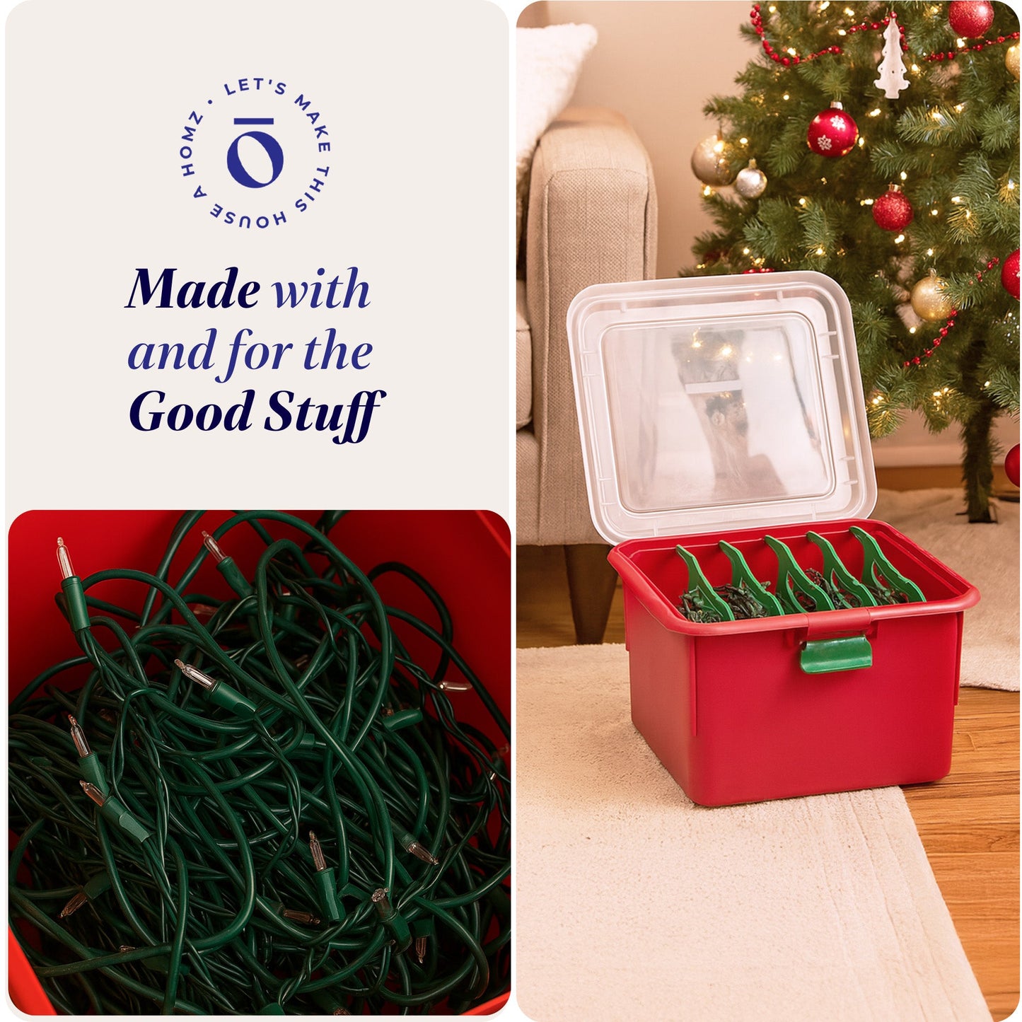 Homz Products Holiday Christmas Light Storage Box Bin w/ 4 Cord Wrap Organizers