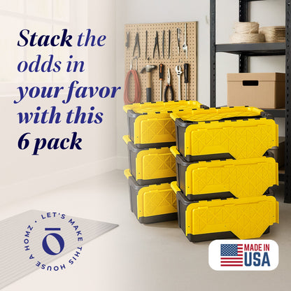 Homz Durbilt 15 Gal Storage Containers Tough Flip Lid Bins, 6 Pack, Black/Yellow