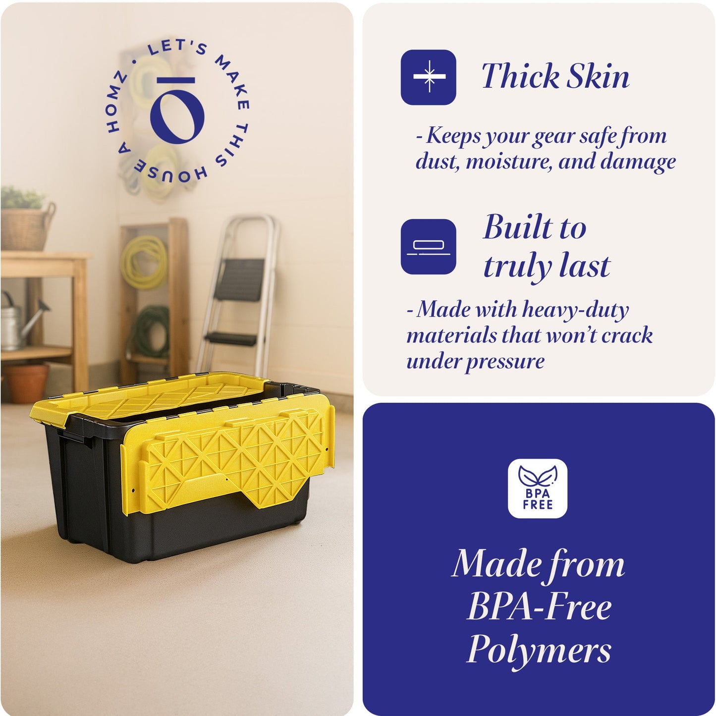 Homz Durbilt 15 Gal Storage Containers Tough Flip Lid Bins, 6 Pack, Black/Yellow