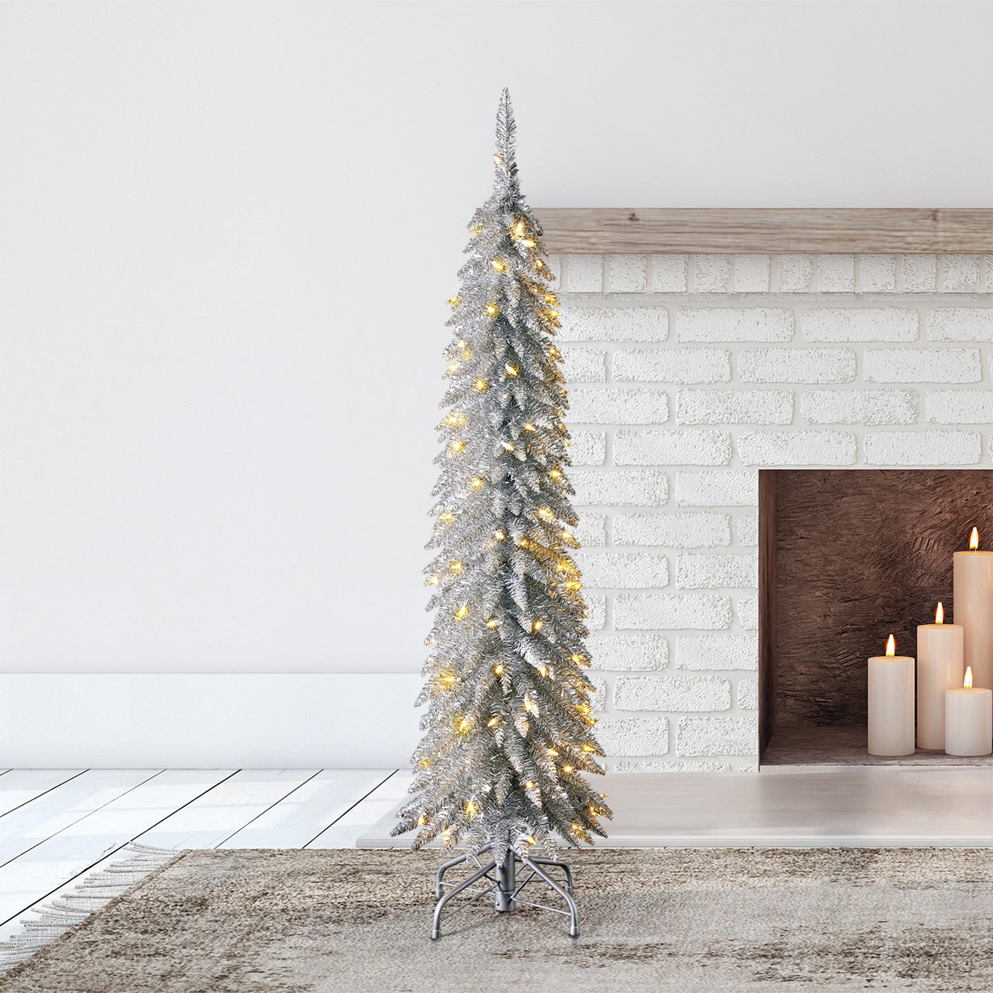 Home Heritage 5 Ft Slim Tinsel Artificial Prelit Christmas Tree & Stand, Silver