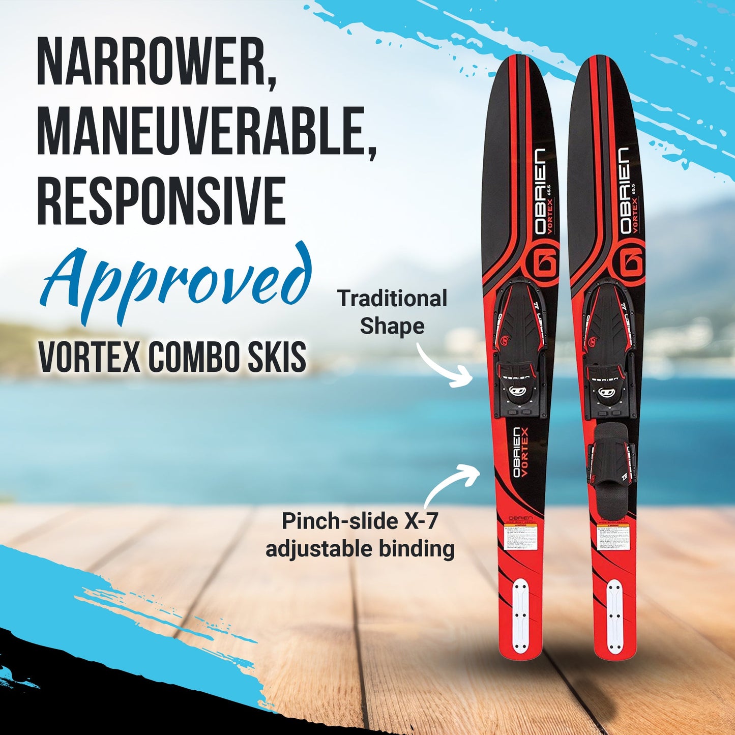 OBrien Vortex Combo 65.5 Inch Adult Mens Size 4.5-13 Wide Body Water Skis, Red