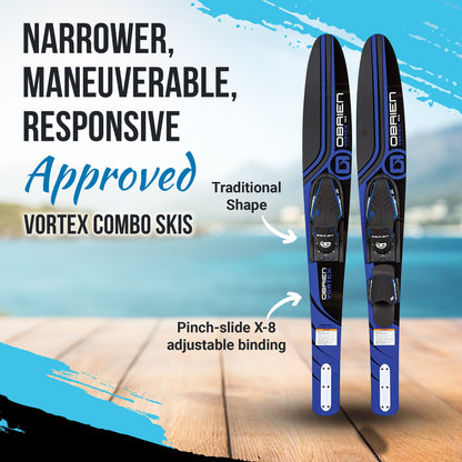 O'Brien Adult Vortex Combos 65.5-Inch Nylon Adjustable Wide Waterskis, Blue