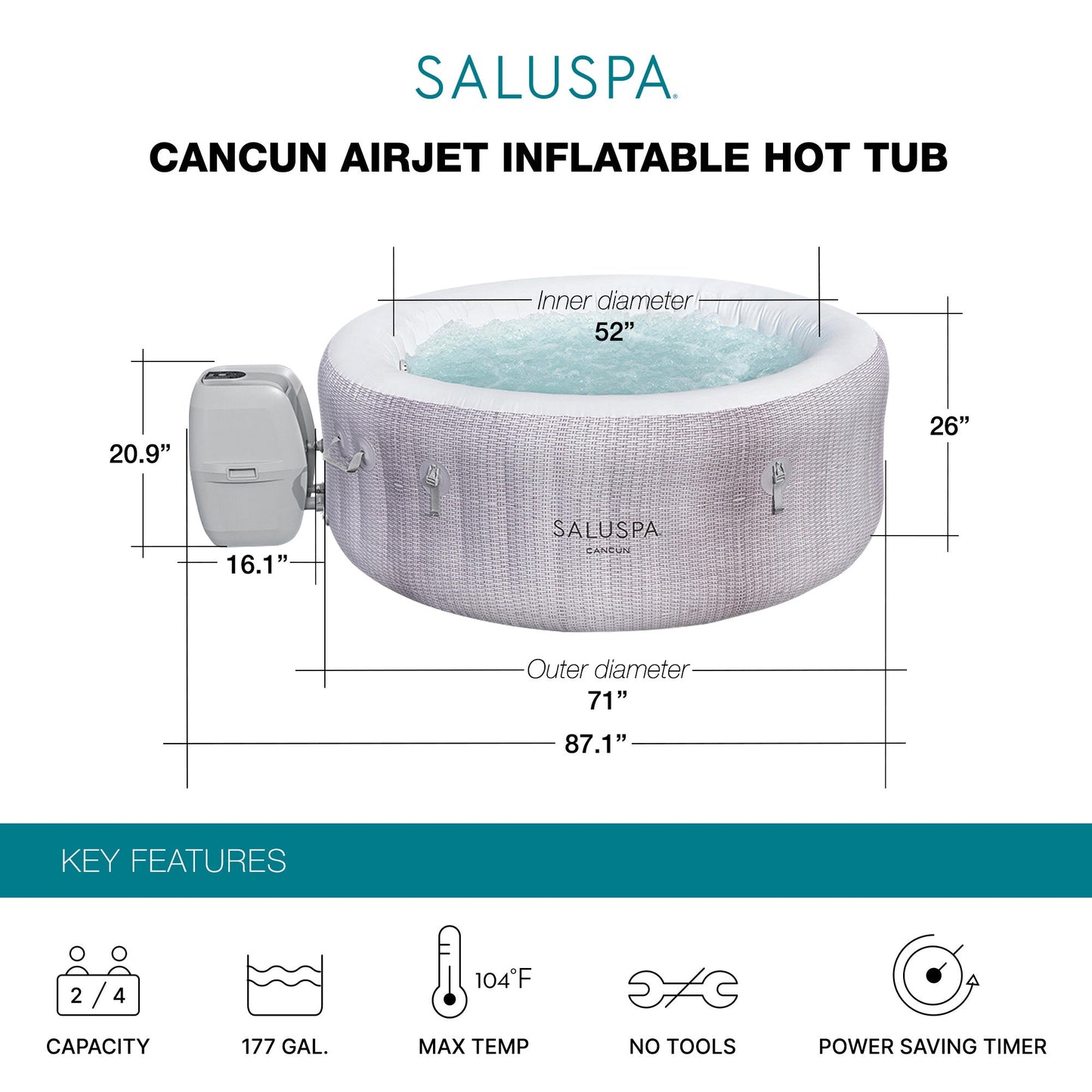 Bestway SaluSpa Cancun AirJet Inflatable Hot Tub with 120 Soothing Jets, Gray