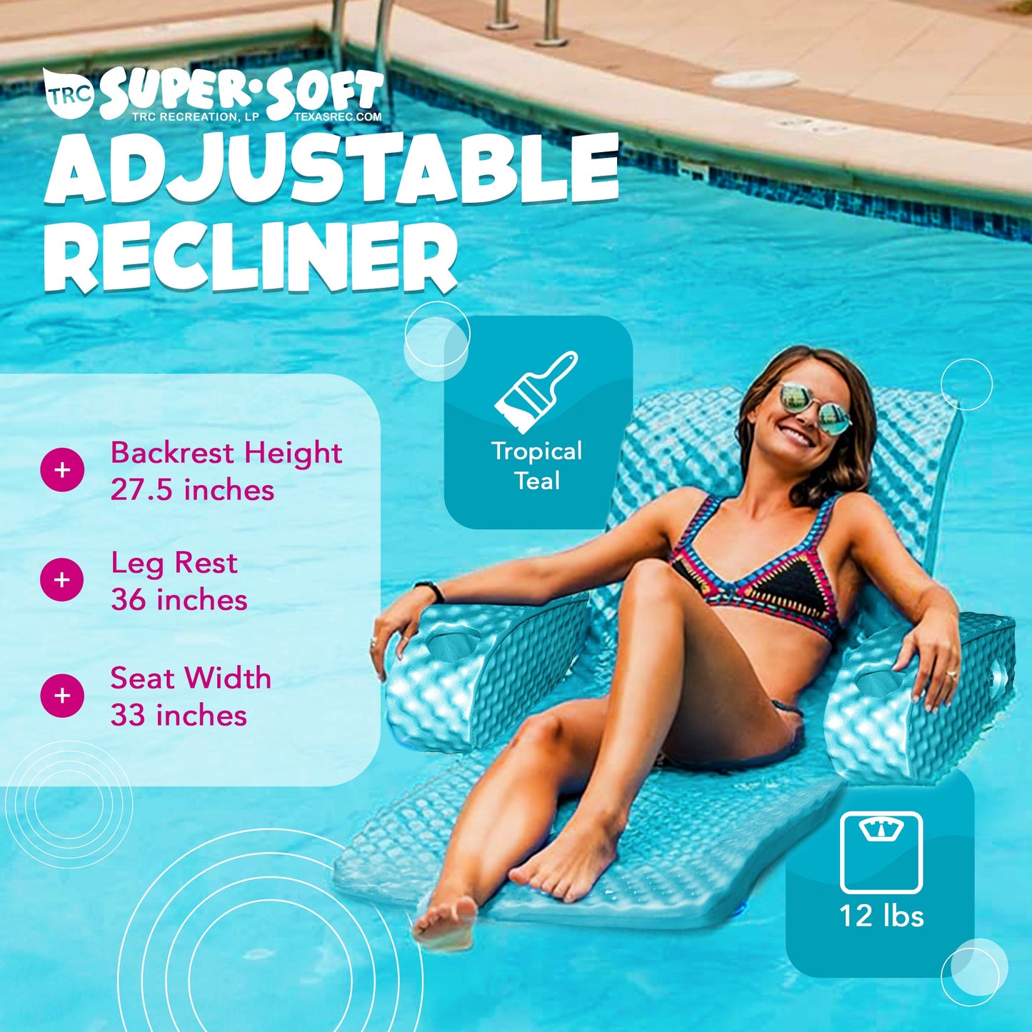 TRC Recreation Super Soft Adjustable Pool Lounger Recliner Float, Tropical Teal