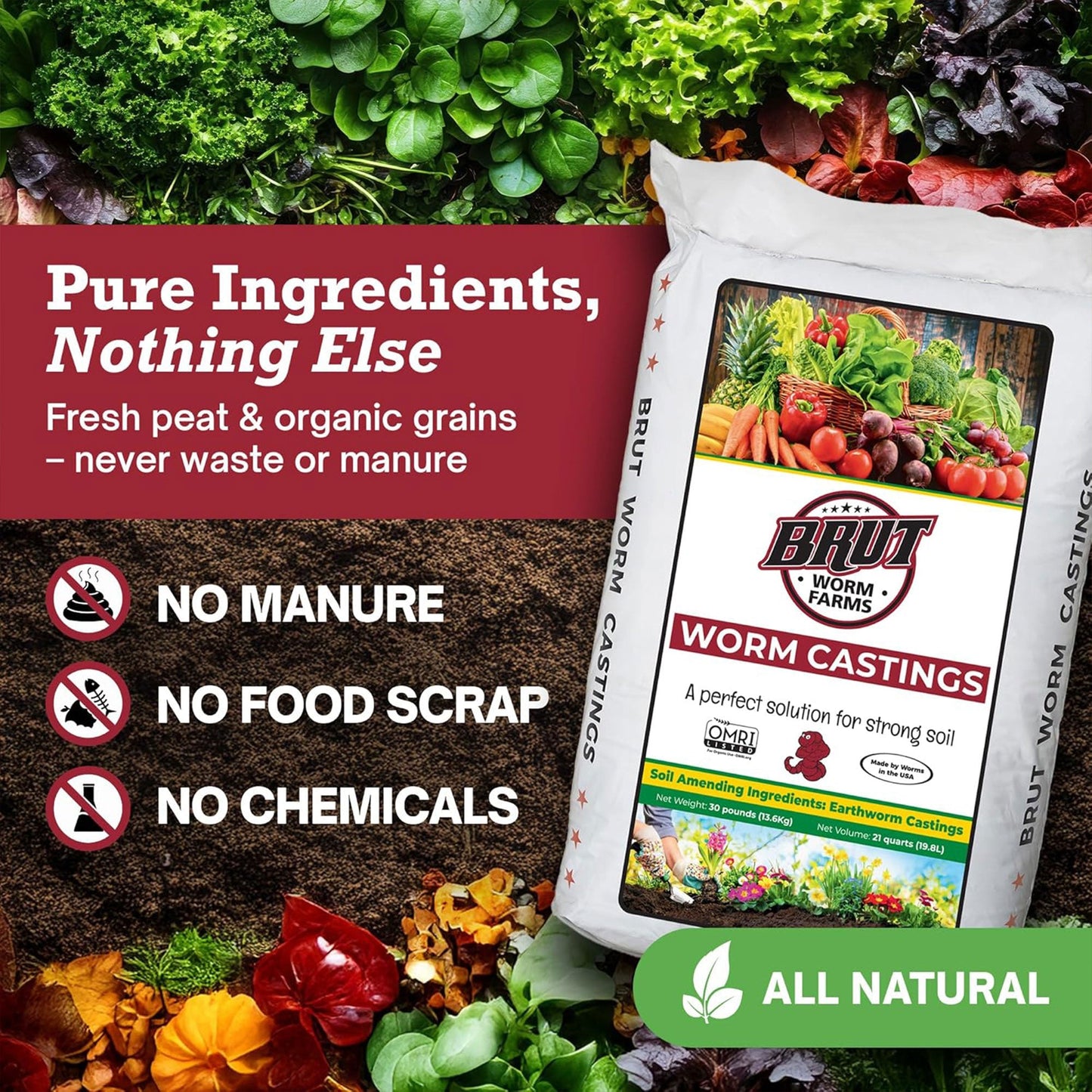 Brut All Natural Organic Worm Castings Soil Builder, 30 Pound Bag