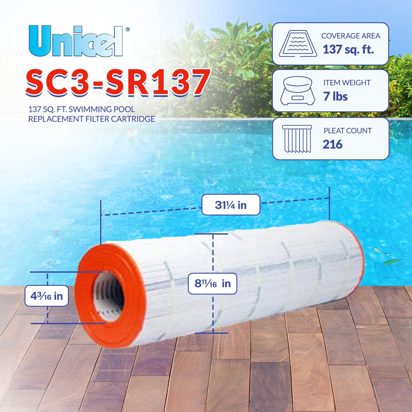 Unicel SC3-SR137 137 Square Foot 3 Oz Media Pool Filter Cartridge, 216 Pleats