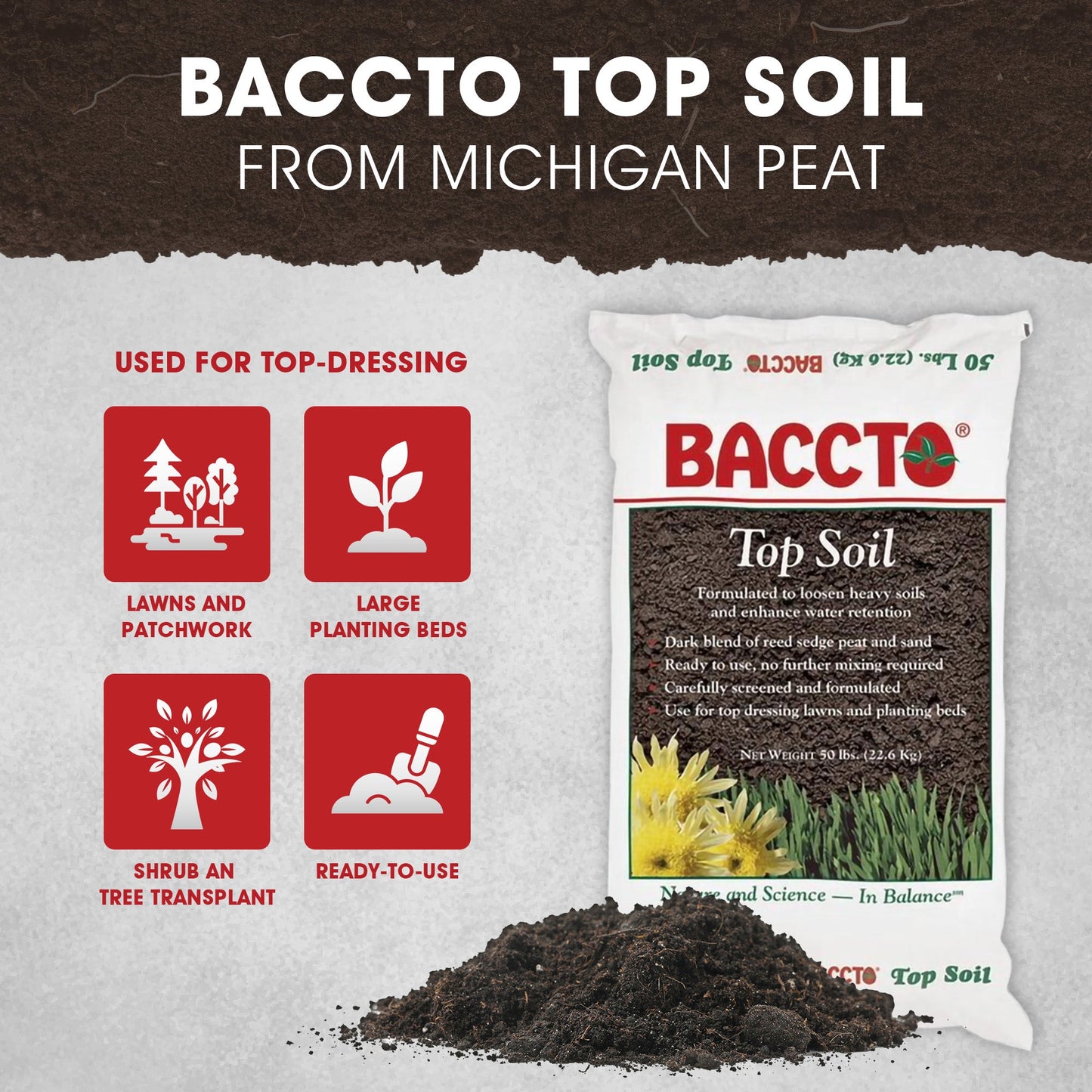 Michigan Peat Baccto Topsoil with Reed Sedge, Peat and Sand, 50 lbs, 8 Pack