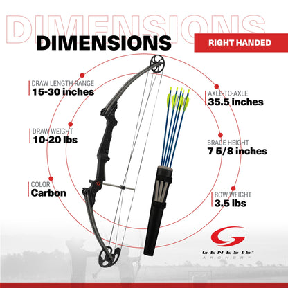 Genesis Original Archery Compound Bow w/ Adjustable Sizing, Right Handed, Carbon