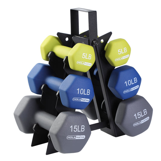 HolaHatha 5, 10, and 15 Pound Neoprene Dumbbell Free Hand Weight Set with Rack