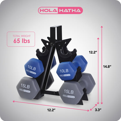 HolaHatha 5, 10, and 15 Pound Neoprene Dumbbell Free Hand Weight Set with Rack