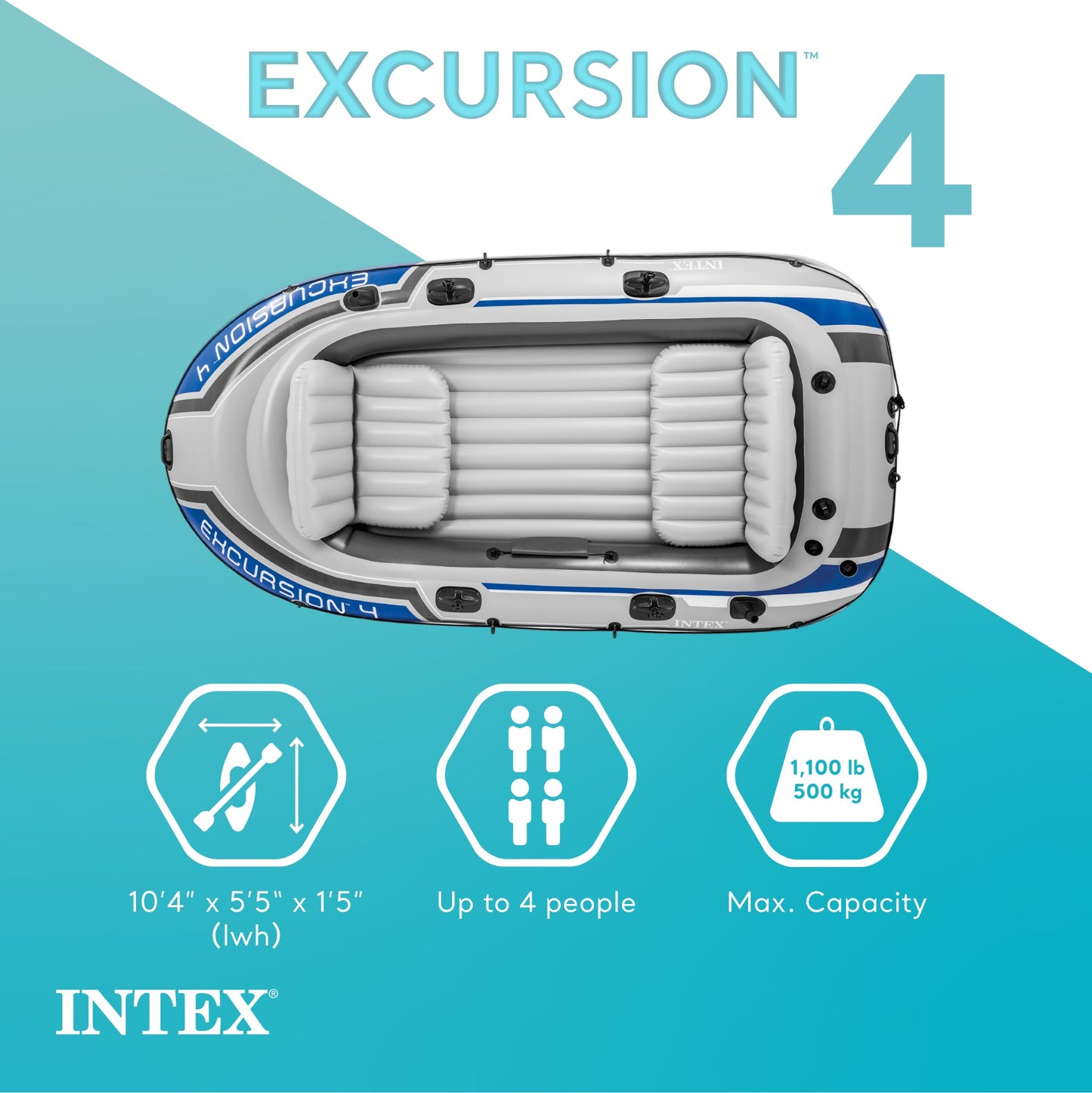 Intex Excursion 4 Person Inflatable Rafting and Fishing Boat Set with 2 Oars