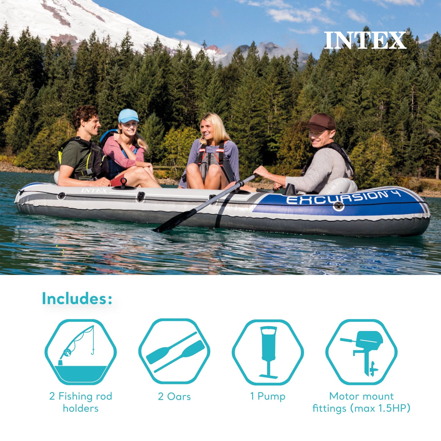 Intex Excursion 4 Person Inflatable Rafting and Fishing Boat Set with 2 Oars