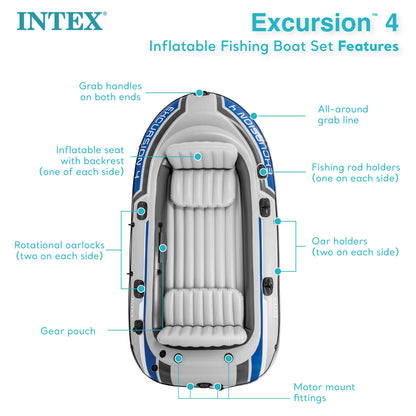 Intex Excursion 4 Inflatable River/Lake Boat Raft Set & Motor Mount Kit