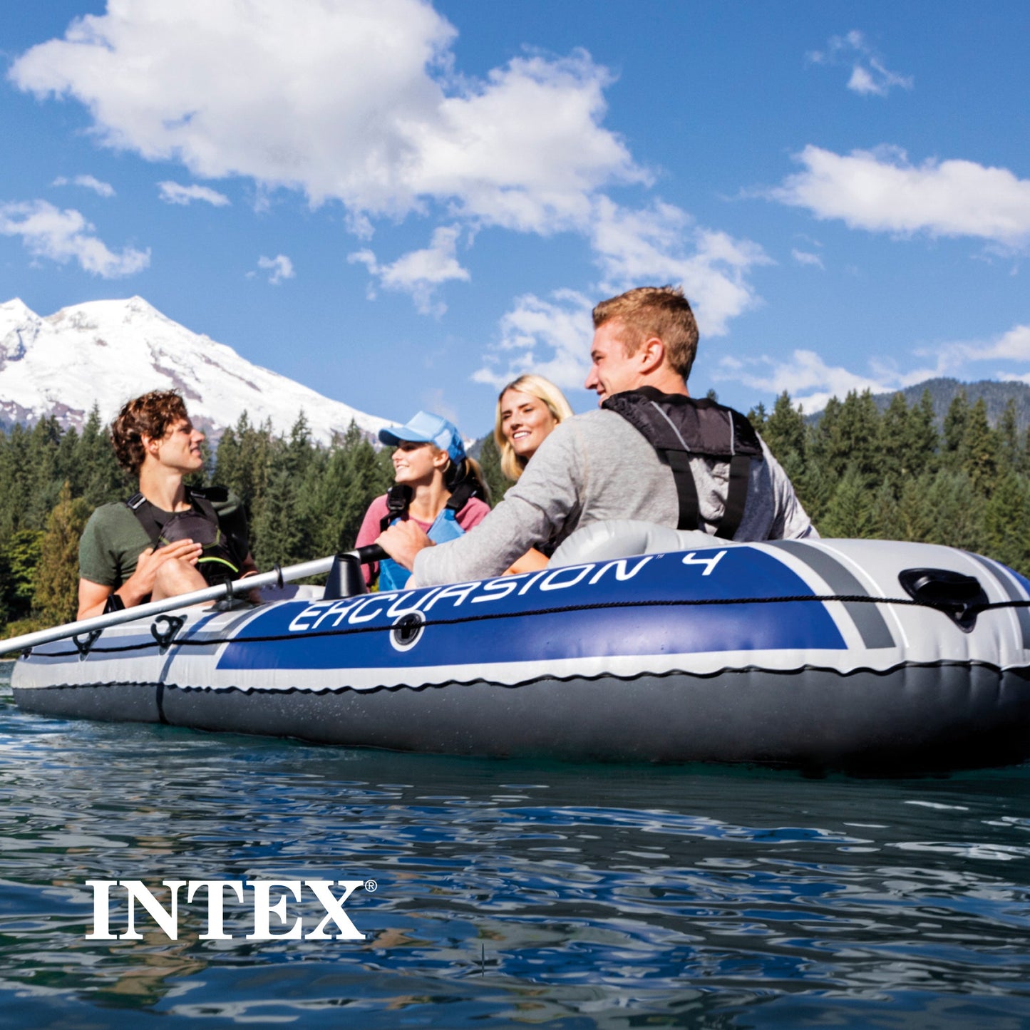 Intex Excursion 4 Person Inflatable Rafting and Fishing Boat Set with 2 Oars