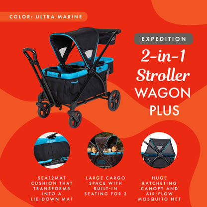 Baby Trend Expedition 2 in 1 Push or Pull Stroller Wagon Plus w/ Canopy, Blue