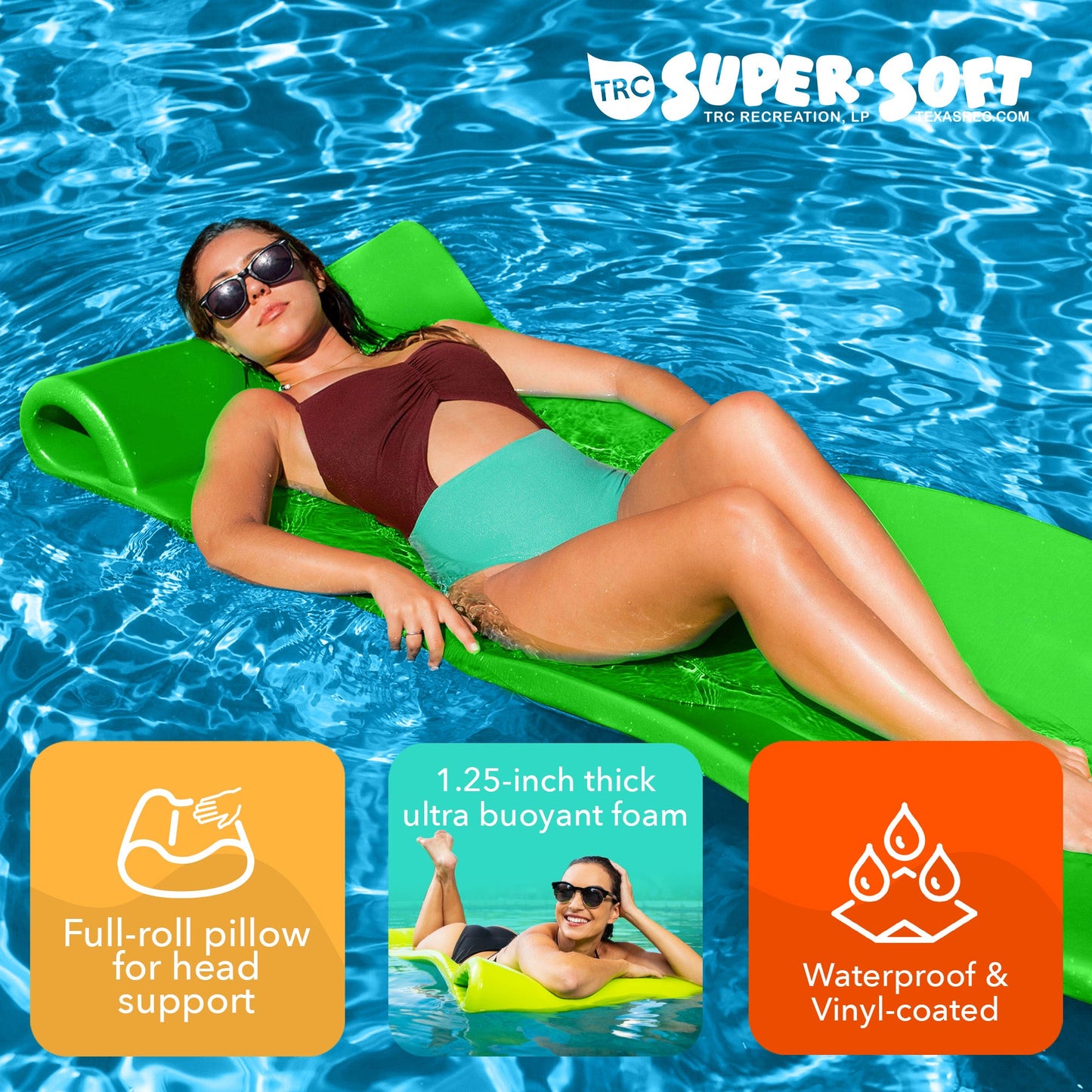 TRC Recreation Splash 1.25" Thick Foam Swimming Pool Float Mat, Fierce Green