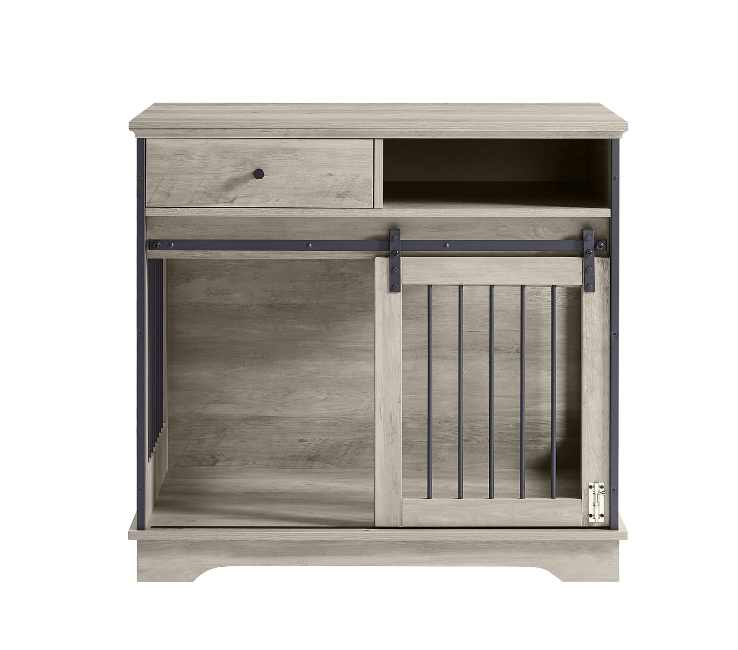 Sliding door dog crate with drawers. Grey,35.43" W x 23.62" D x 33.46" H