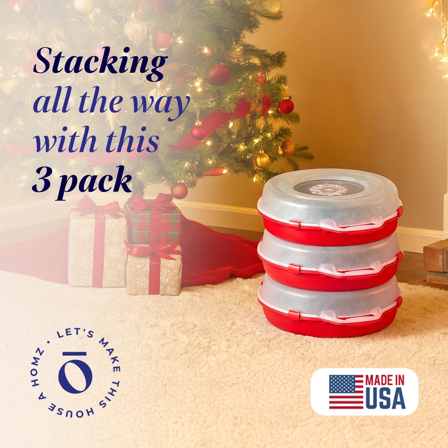 Homz 24 Inch Seasonal Holiday Christmas Plastic Wreath Storage Box, Red Set of 3