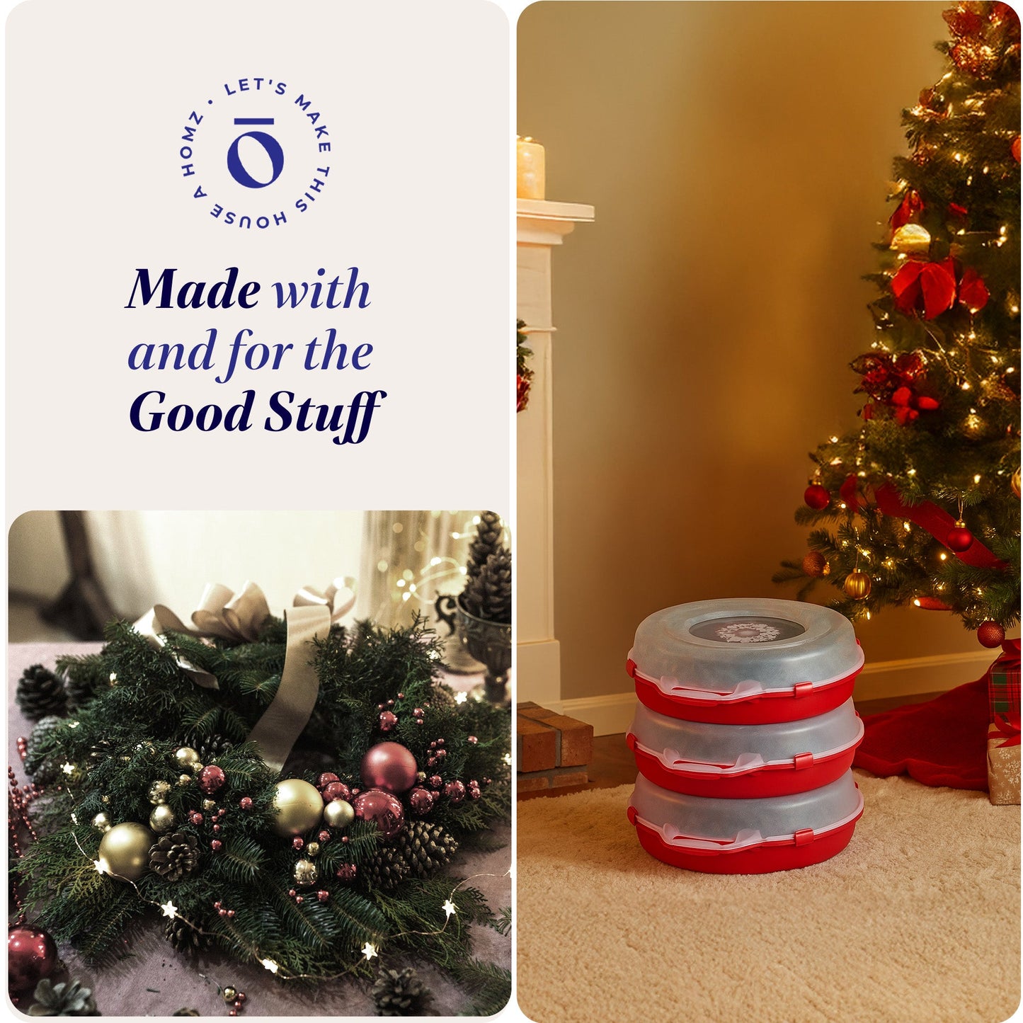 Homz 24 Inch Seasonal Holiday Christmas Plastic Wreath Storage Box, Red Set of 3