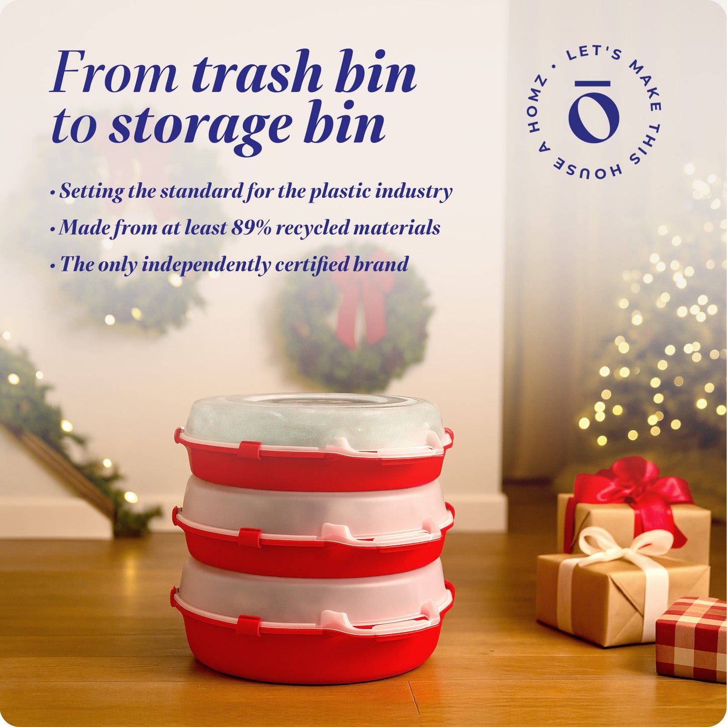 Homz 24 Inch Seasonal Holiday Christmas Plastic Wreath Storage Box, Red Set of 3