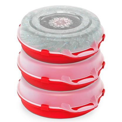 Homz 24 Inch Seasonal Holiday Christmas Plastic Wreath Storage Box, Red Set of 3