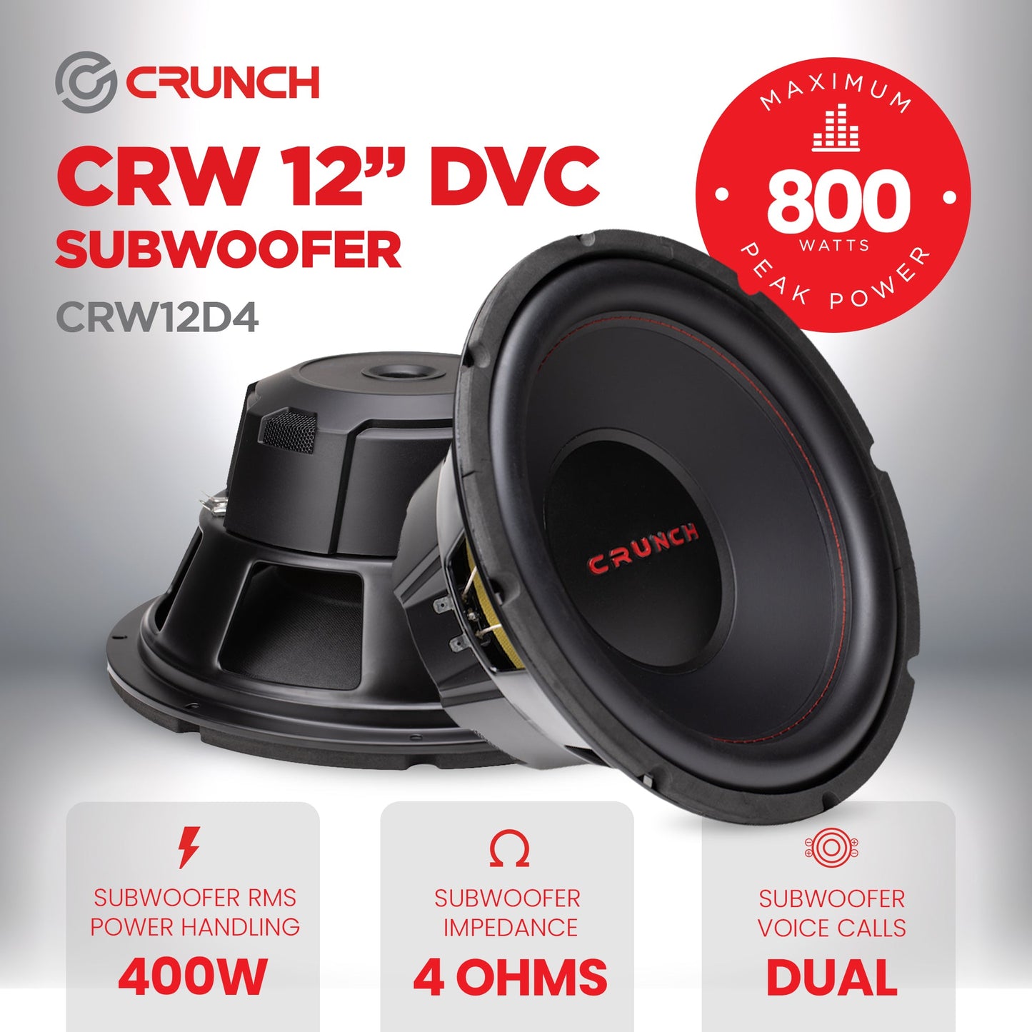 Crunch CRW12D4 12 Inch 800 Watt MAX 4 Ohm Dual Voice Coil Car Subwoofer Speaker