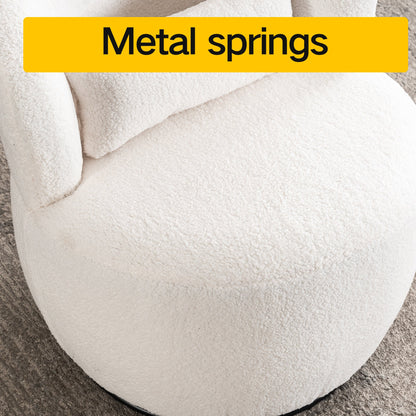 White Plush Swivel Accent Chair - Contemporary Round Armchair with 360 Rotation and Metal Base for Living Room Elegance