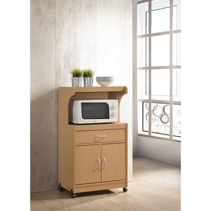 Hodedah Wheeled Kitchen Microwave Cart with Drawer and Cabinet Storage, Beech