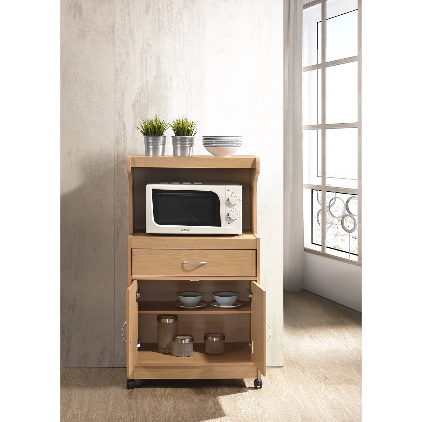 Hodedah Wheeled Kitchen Microwave Cart with Drawer and Cabinet Storage, Beech
