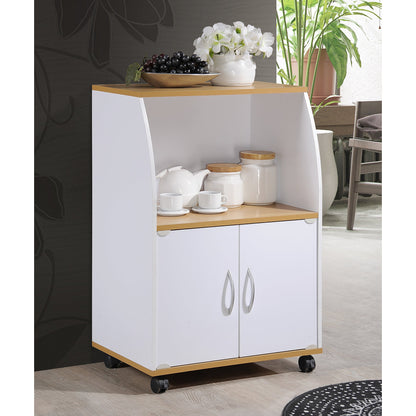 Hodedah Wooden Mini Wheeled Microwave Island Cart with Cabinet Storage, White