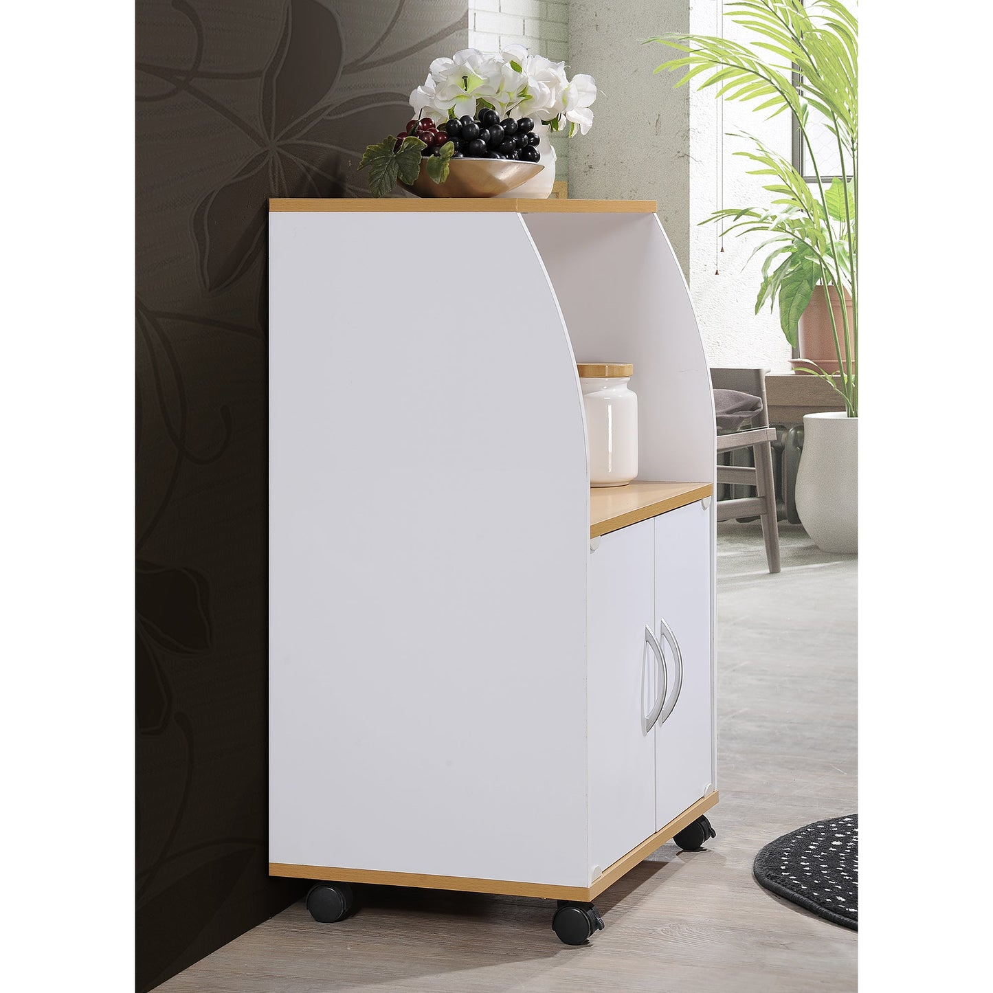 Hodedah Wooden Mini Wheeled Microwave Island Cart with Cabinet Storage, White