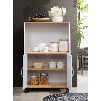 Hodedah Wooden Mini Wheeled Microwave Island Cart with Cabinet Storage, White