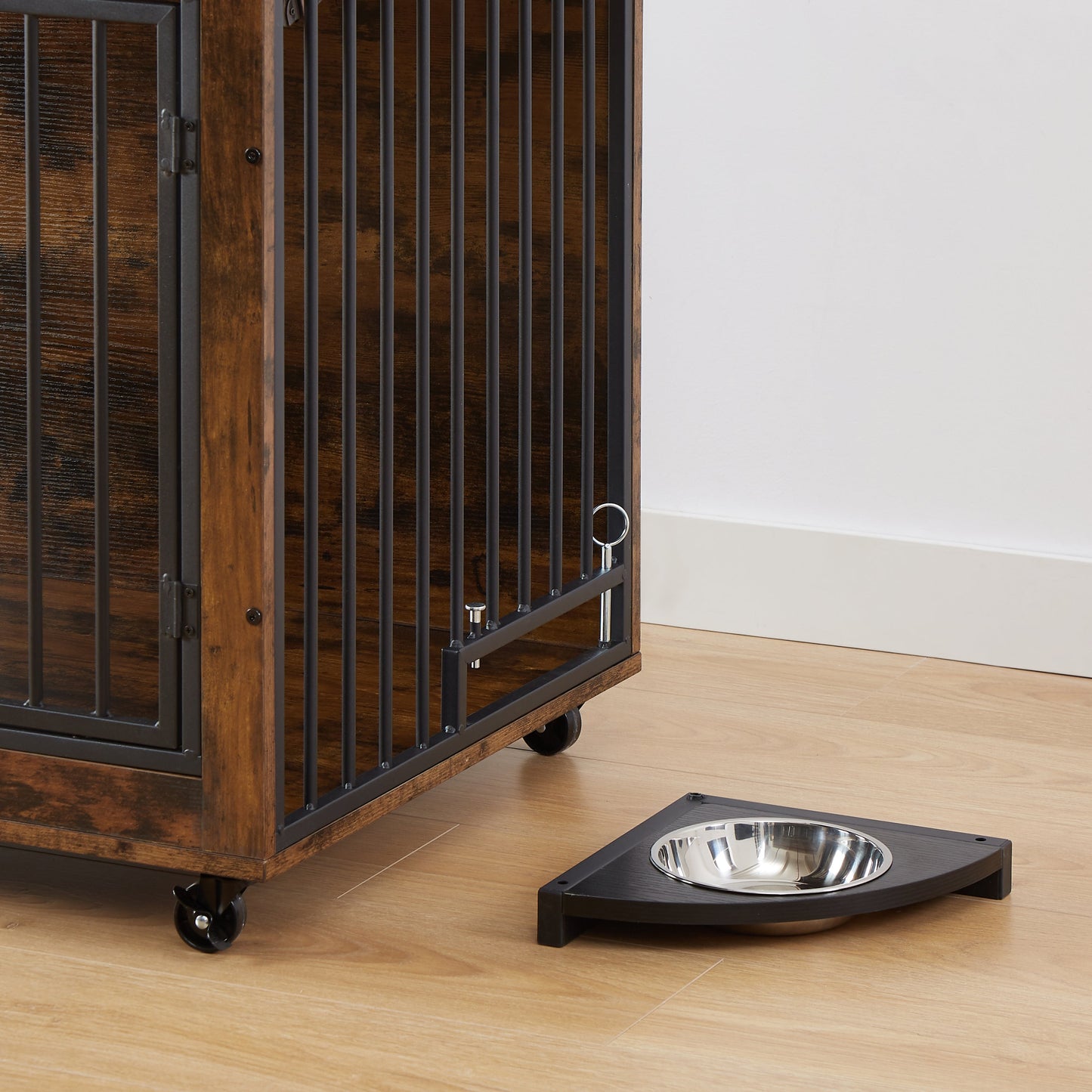 Furniture Style Dog Crate Side Table With Rotatable Feeding Bowl, Wheels, Three Doors, Flip-Up Top Opening. Indoor, Rustic Brown, 38.58"W x 25.2"D x 27.17"H