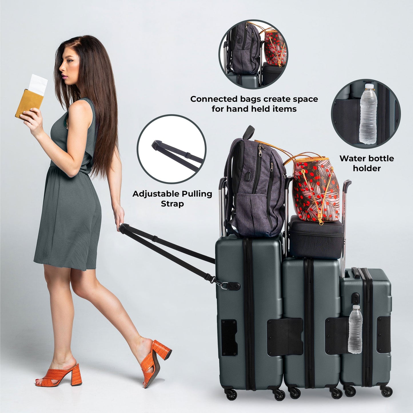 TACH V3.1 Connectable Hardside Luggage Set, 3 Piece Set, Gray