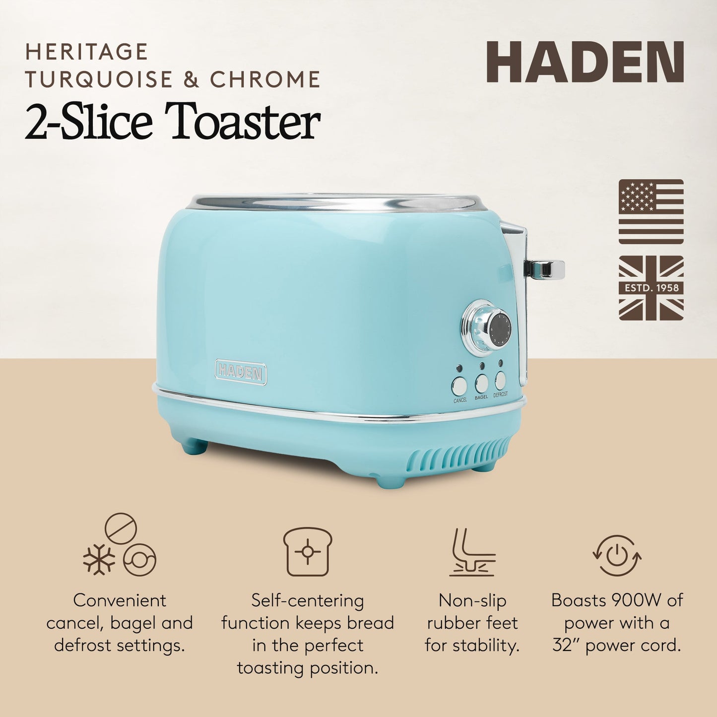 Haden Heritage 2 Slice Wide Slot Stainless Steel Toaster, Turquoise & Chrome